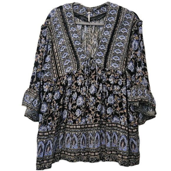 Free People Black Combo V-Neck Peasant Blouse Top Dress Womens Size Medium - Picture 2 of 5